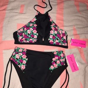 Black Rose Floral High Waisted Bikini Halter Top